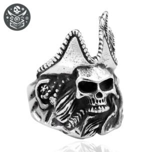 Bague en Acier Inoxydable 316L en forme de crâne de pirate avec chapeau tricorne et détails raffinés