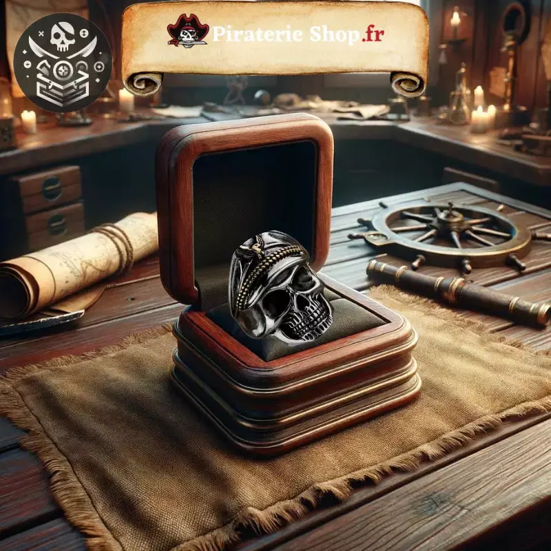 Bague pirate argent massif 925, bague avec crâne en argent dans une boîte à bijoux en bois