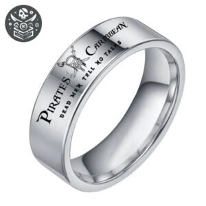 Bague pirate en acier inoxydable 316L avec logo crâne et gravure Pirates des Caraïbes