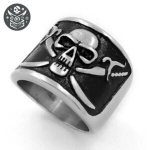 Bague pirate en Acier Inoxydable 316L avec design tête de mort sur fond noir, jolly roger