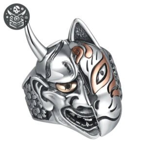 Bague pirate en acier inoxydable 316L avec masque de démon japonais stylisé