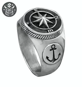 Bague pirate en Acier Inoxydable 316L avec design rose des vents et symbole d’ancre