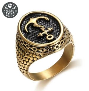 Bague pirate en acier inoxydable 316L avec ancre et lune sur bande texturée