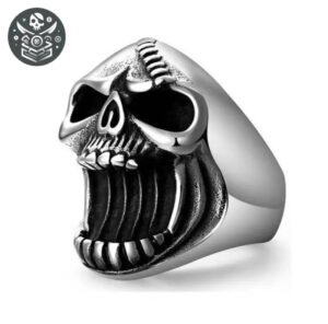 Bague pirate argent massif 925 avec crâne argenté et bouche grande ouverte