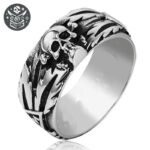 Bague pirate forban en argent avec motifs de flammes sur le bandeau