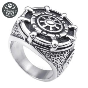 Bague Pirate Gouvernail Acier Inoxydable 316L 2 Bague pirate gouvernail en argent avec un anneau en acier inoxydable 316L et motif de roue de navire