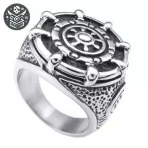 Bague Pirate Gouvernail Acier Inoxydable 316L 2 Bague pirate gouvernail en argent avec un anneau en acier inoxydable 316L et motif de roue de navire