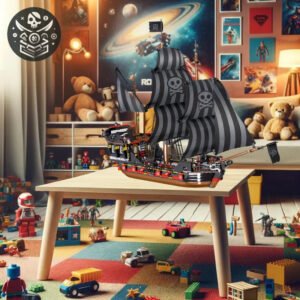 Modèle de bateau pirate Lego Ancien avec voiles noires et emblèmes de crânes sur table en bois