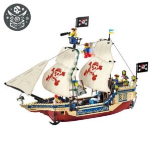 Bateau pirate Lego avec figurines, voiles blanches crâne, détails colorés - Jeux Infinis