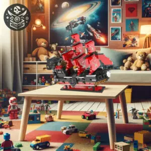 Bateau Pirate LEGO Rouge 2 Modèle de dinosaure LEGO rouge et noir sur une table en bois du Bateau Pirate LEGO Rouge