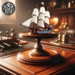 Modèle de bateau pirate Lego unique avec voiles blanches sur un piédestal en bois