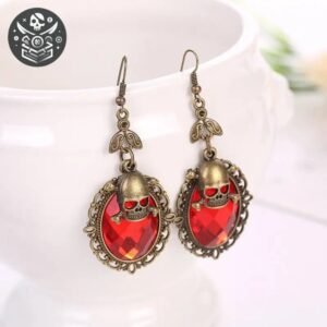 Boucle d’Oreille Pirate Crâne Doré Pierre Rouge — Trésor Pirate