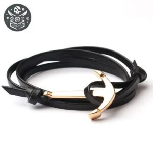 Bracelet Pirate Ancre Cuir Acier Homme — Trésor Pirate