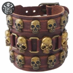 Bracelet Pirate Tête Mort Cuir Corsaire — Trésor Pirate
