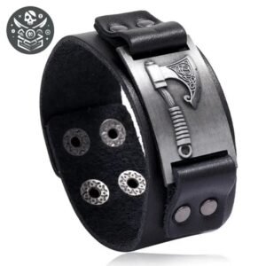 Bracelet Pirate Hache Cuir Acier Homme — Trésor Pirate