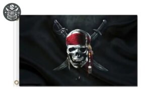 Drapeau Capitaine Jack avec crâne, bandana rouge et épées croisés 90x150 cm