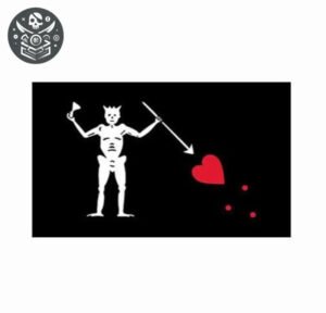 Drapeau pirate barbe noire avec une figure humanoïde tête de chat, arme et cœur rouge