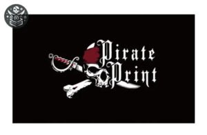 Logo Drapeau Pirate avec crâne et épée, texte ’Pirate Print’ en lettre gothique