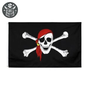 Drapeau pirate fond noir avec tête de mort et os croisés, bandana rouge, 90 x 150 cm