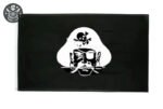 Drapeau pirate noir avec symbole de tête de mort, croix d’os, visage stylisé et cache-œil