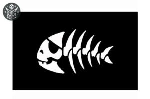 Drapeau pirate avec silhouette de squelette de poisson blanc sur fond noir, savoir pêcher