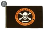 Drapeau pirate avec emblème orange du crâne et texte ’The Pirate Republic’