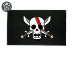 Drapeau pirate Shanks avec crâne blanc, rayures rouges et épées croisées sur fond noir