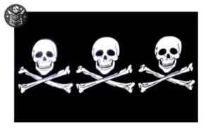 Drapeau pirate voilier avec trois crânes blancs et os croisés sur fond noir