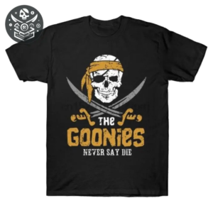 T-shirt pirate noir avec logo tête de mort et texte ’The Goonies Never Say Die’