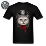 Tee shirt noir avec chat pirate portant chapeau et foulard rouge - T-shirt Pirate 3D HD