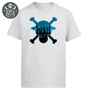 T-shirt pirate blanc en polycoton, motif crâne et silhouettes bleues et noires