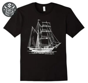 T-shirt Pirate Confortable: tee shirt noir avec dessin blanc de navire à voile