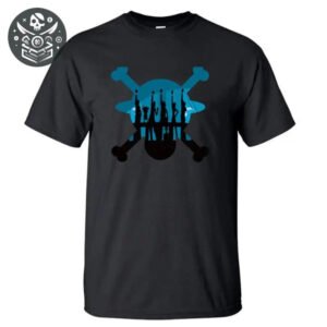 T-shirt Pirate Noir 3D HD Confortable & Durable 1 T-shirt pirate noir durable avec design crâne bleu et silhouettes, modèle confortable en 3D HD