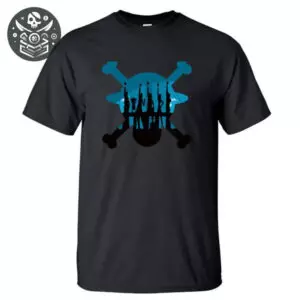 T-shirt Pirate Noir 3D HD Confortable & Durable 1 T-shirt pirate noir durable avec design crâne bleu et silhouettes, modèle confortable en 3D HD