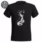 Tee shirt noir avec design graphique blanc, profil stylisé de femme