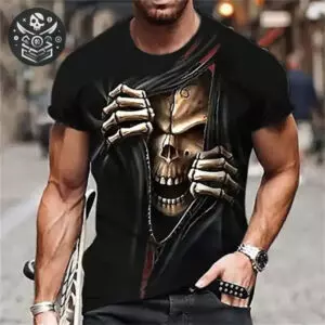 Tee shirt pirate noir avec design de crâne déchiré, confortable et durable